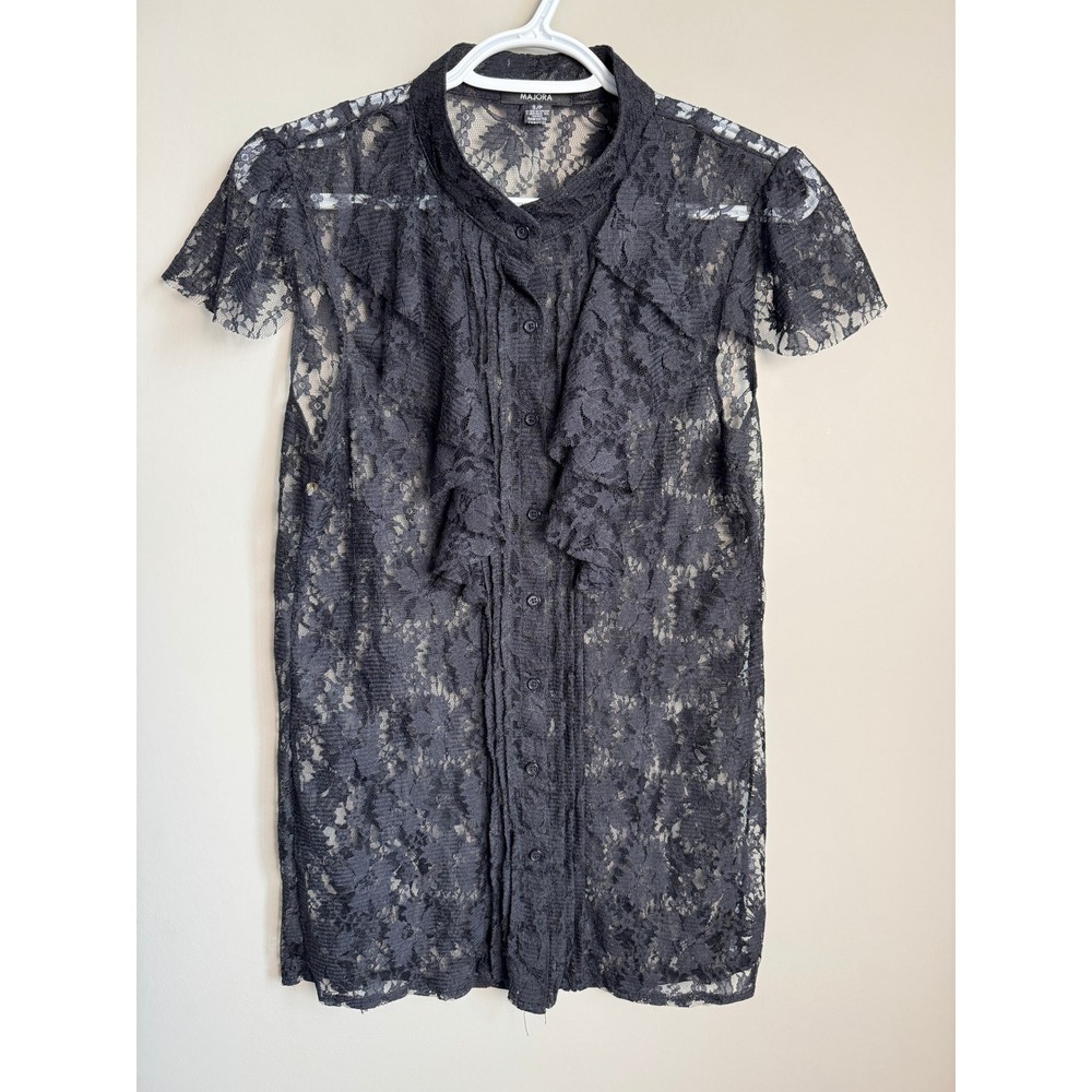 Majora Black Ruffle Lace Button Up Short Sleeve Blouse S Goth‎ Romantic Coquette